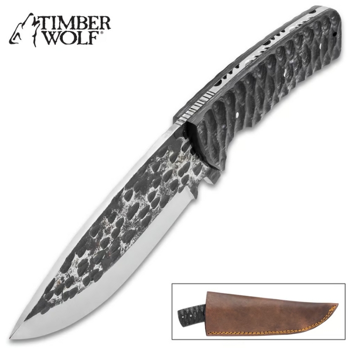 Timber Wolf Blacksmith Fixed Blade Knife, Hammered Steel, Black Resin, Leather Sheath, TW1403